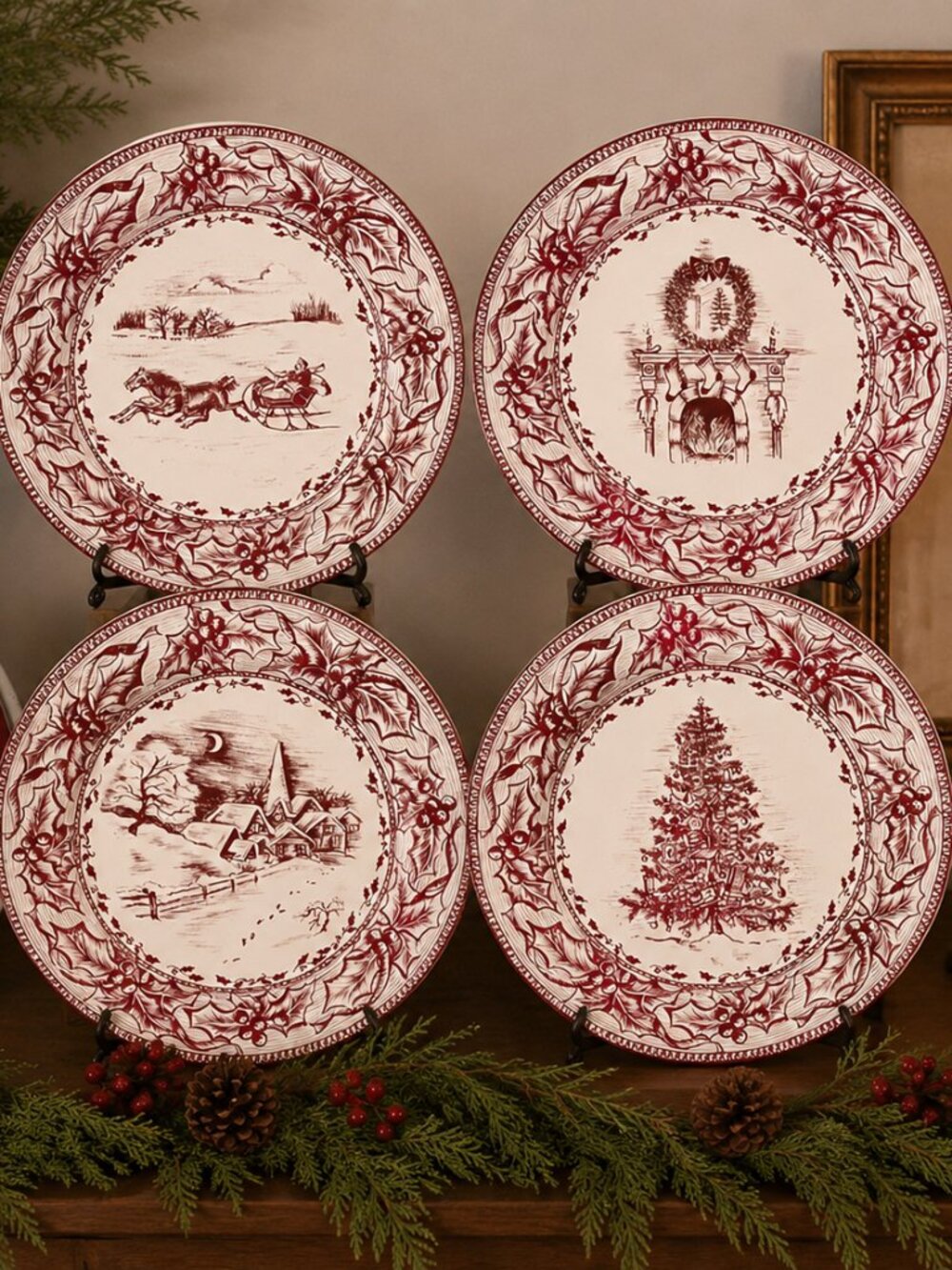 Restoration Hardware Holiday Tin Plates Set of 4 Christmas Toile Red White Decor
